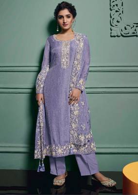 lavender dola silk embroidery work party wear suit 1