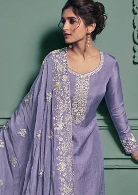 lavender dola silk embroidery work party wear suit 2