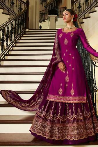 magenta pure georgette semi stitched wedding sharara set 