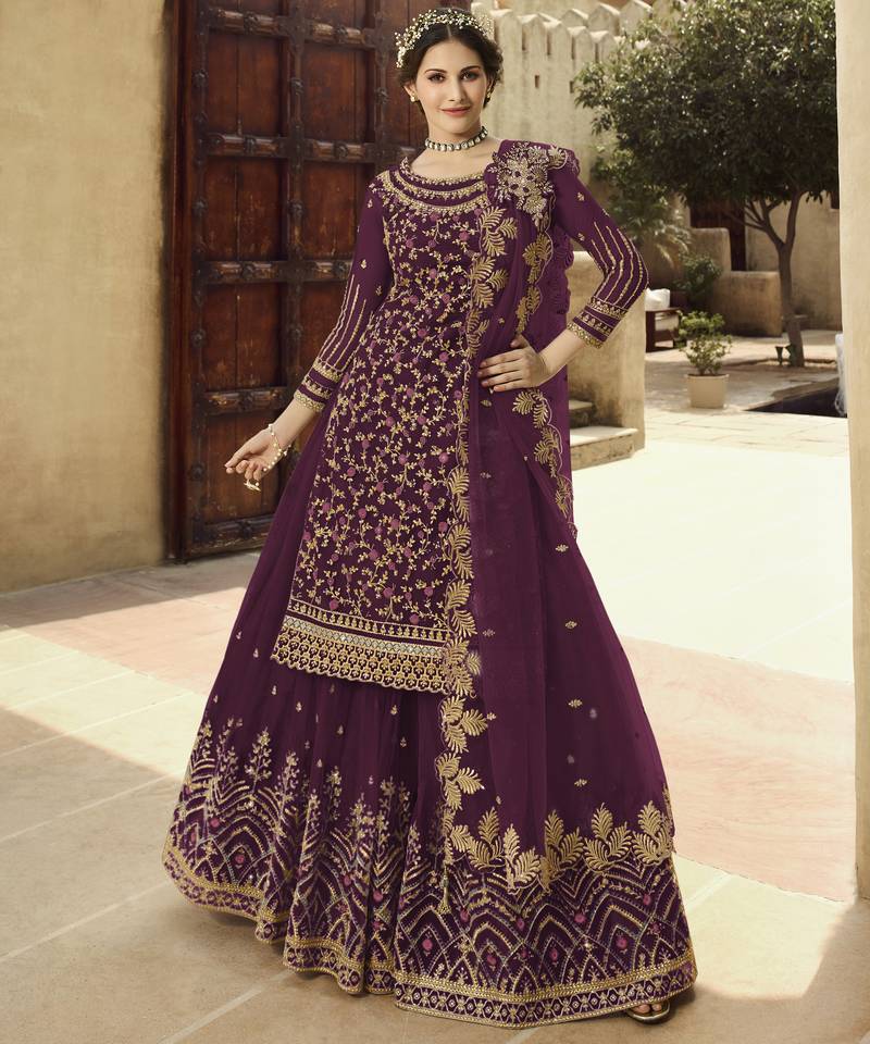 Soft premium net wedding wear sharara in light violet color with embroidery work