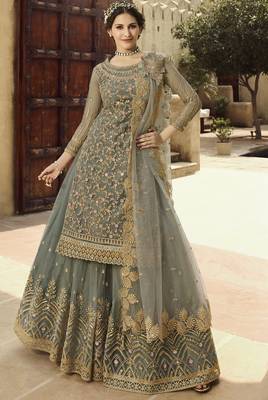grey soft net semi stitched wedding wear embroidered sharara set 1