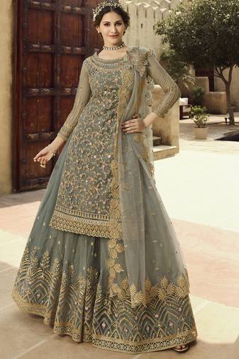 grey soft net semi stitched wedding wear embroidered sharara set