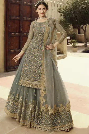 grey soft net semi stitched wedding wear embroidered sharara set