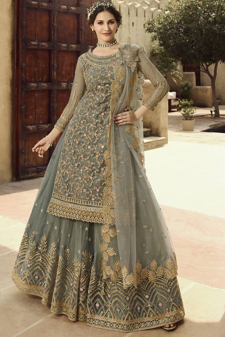 Soft premium net wedding wear sharara in grey color with embroidery work