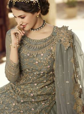 grey soft net semi stitched wedding wear embroidered sharara set 2