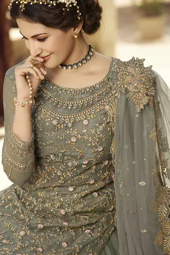 grey soft net semi stitched wedding wear embroidered sharara set