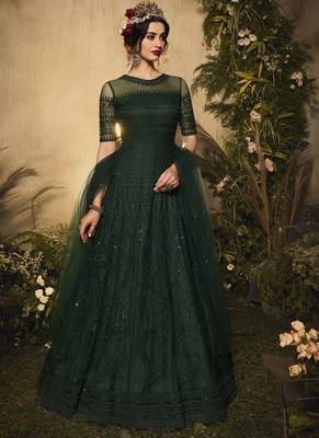 green premium net wedding wear gown with embroidery work 1