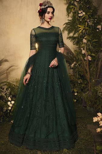 green premium net wedding wear gown with embroidery work