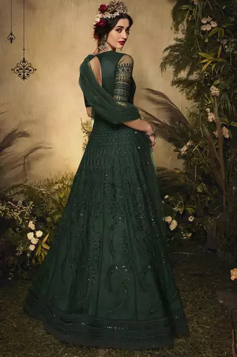 green premium net wedding wear gown with embroidery work