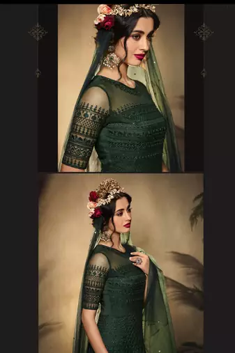 green premium net wedding wear gown with embroidery work