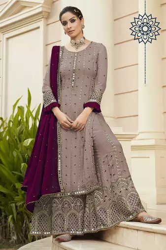 Pure georgette party wear sharara in dusty purple color with embroidery work