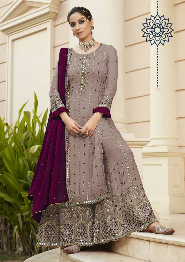 Pure georgette party wear sharara in dusty purple color with embroidery work