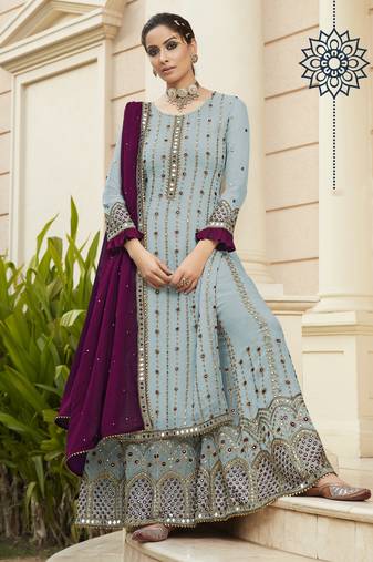 blue pure georgette party wear sharara set with embroidery work