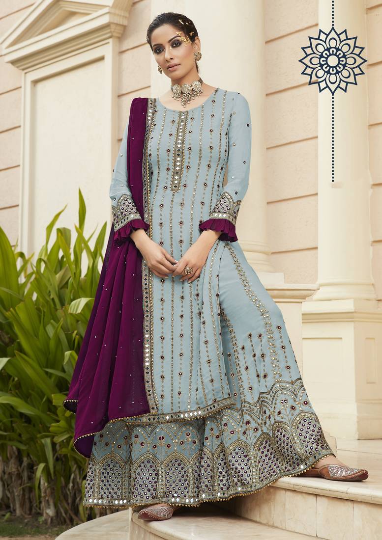 Pure georgette party wear sharara in blue color with embroidery work