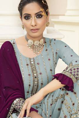 blue pure georgette party wear sharara set with embroidery work 2