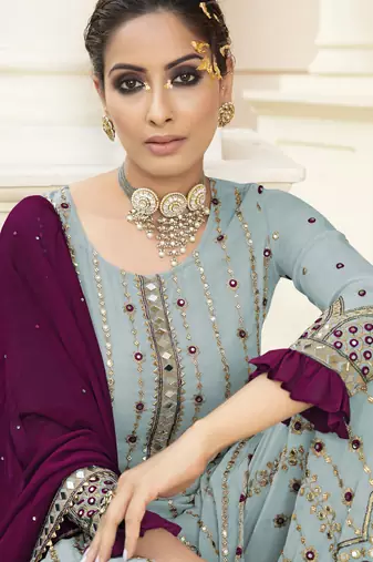 blue pure georgette party wear sharara set with embroidery work