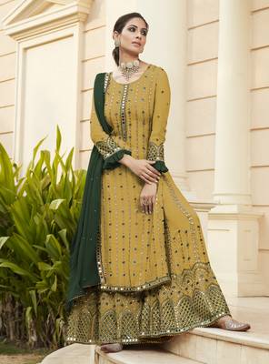 yellow pure georgette party wear sharara set with embroidery work 1