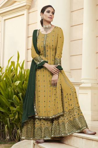 yellow pure georgette party wear sharara set with embroidery work
