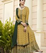 Pure georgette party wear sharara in yellow color with embroidery work