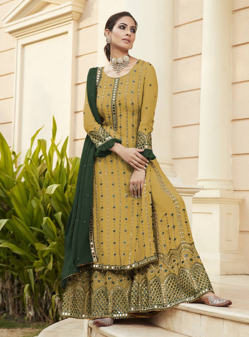 Pure georgette party wear sharara in yellow color with embroidery work