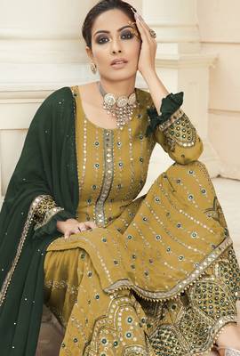 yellow pure georgette party wear sharara set with embroidery work 2