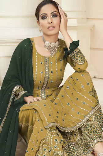 yellow pure georgette party wear sharara set with embroidery work