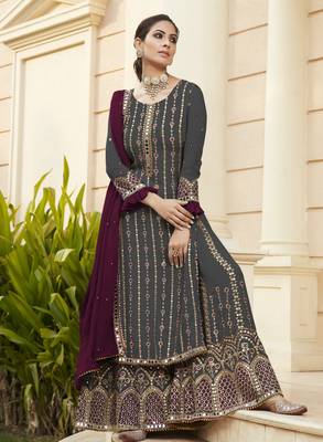 grey pure georgette party wear sharara set with embroidery work 1