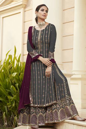 grey pure georgette party wear sharara set with embroidery work