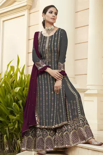 grey pure georgette party wear sharara set with embroidery work