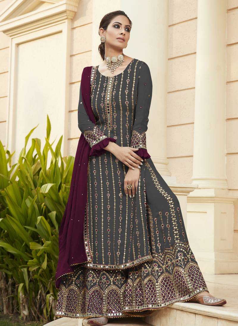 Pure georgette party wear sharara in grey color with embroidery work