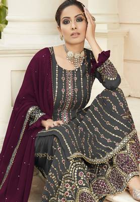 grey pure georgette party wear sharara set with embroidery work 2
