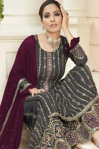 grey pure georgette party wear sharara set with embroidery work