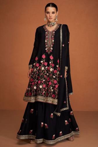black pure chiffon sharara set with floral embroidery work 