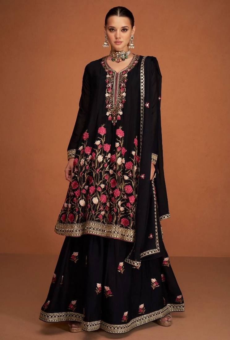 Pure chiffon party wear sharara in black color with embroidery work
