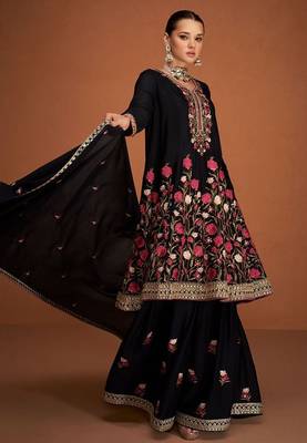 black pure chiffon sharara set with floral embroidery work  2