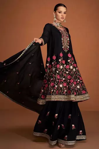 black pure chiffon sharara set with floral embroidery work 