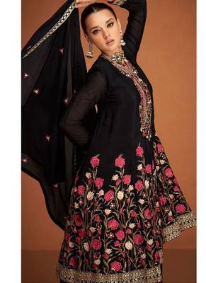 black pure chiffon sharara set with floral embroidery work  3