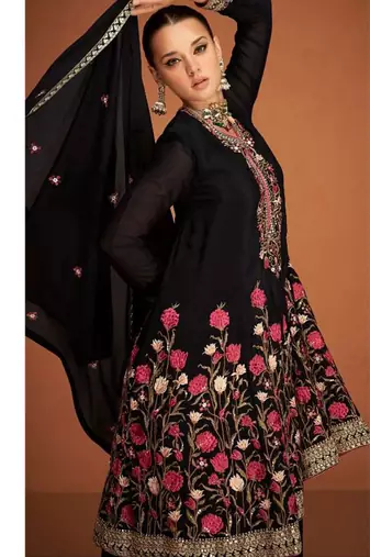 black pure chiffon sharara set with floral embroidery work 