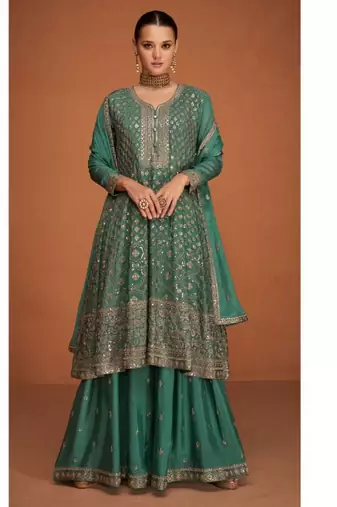 turquoise pure chiffon sharara set with embroidery work