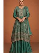 Pure chiffon party wear sharara in turquoise color with embroidery work