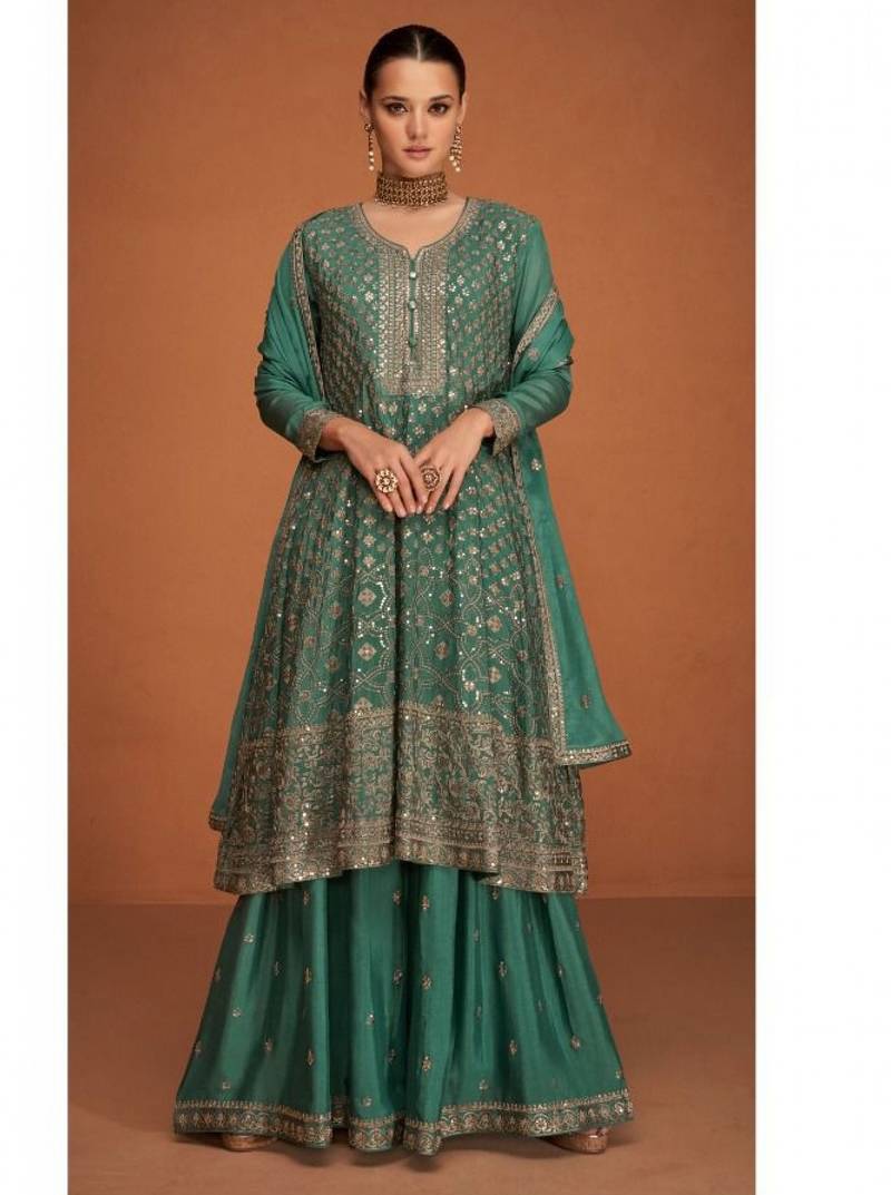 Pure chiffon party wear sharara in turquoise color with embroidery work
