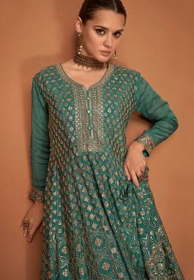 turquoise pure chiffon sharara set with embroidery work 2
