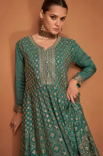 turquoise pure chiffon sharara set with embroidery work