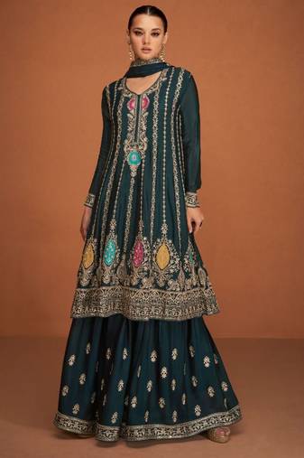 Pure chiffon party wear sharara in dark grey color with embroidery work