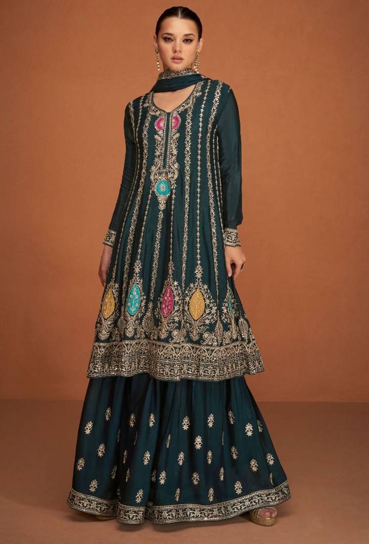 Pure chiffon party wear sharara in dark grey color with embroidery work