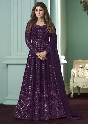 purple georgette embroidered party wear gown 1