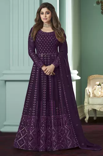 purple georgette embroidered party wear gown