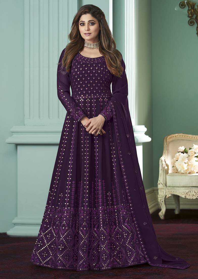 purple georgette embroidered party wear gown