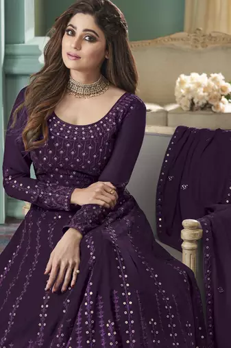 purple georgette embroidered party wear gown