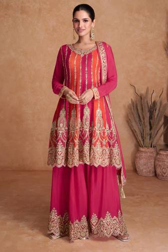 pink chiffon embroidered wedding anarkali set